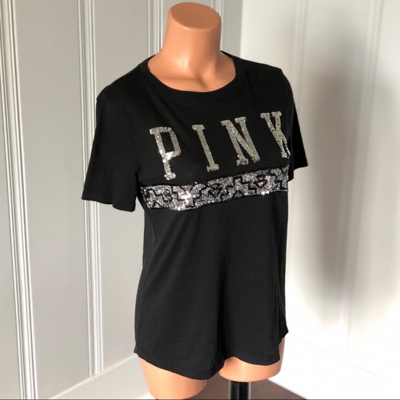 PINK Victoria's Secret Tops - VS Pink Aztec Bling Sequin Logo Black Tee Shirt S
